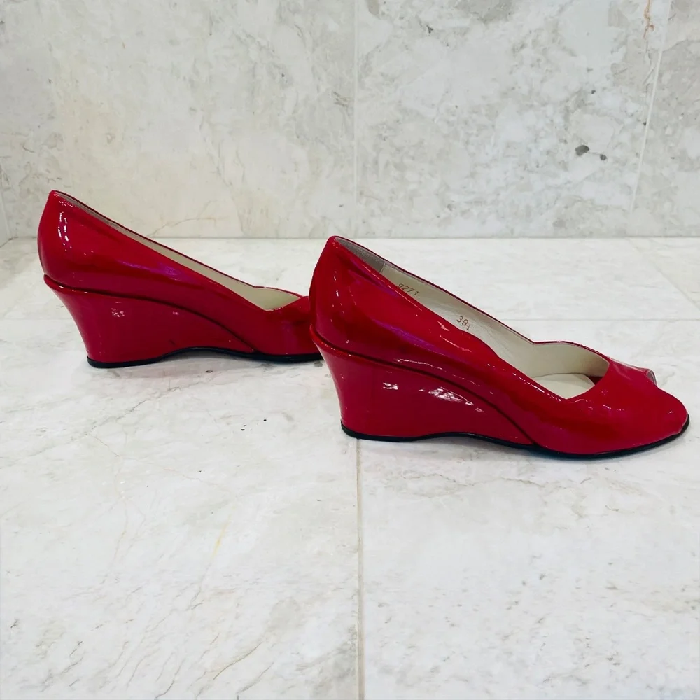 TARYN ROSE {39.5} Red Wedge Patent Leather Peep Toe Candy Apple Red 